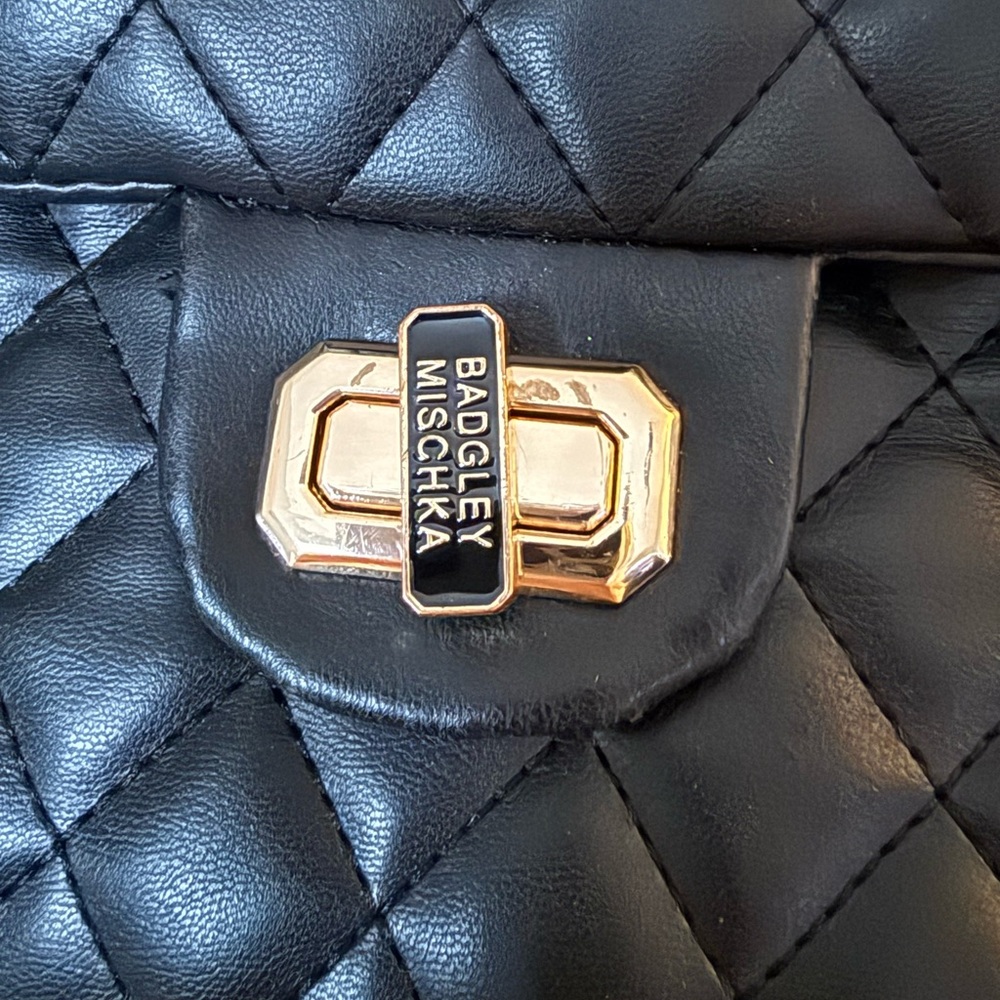 Badgley Mischka Black Quilted Shoulder Bag with Gold Chain - Picture 3 of 14